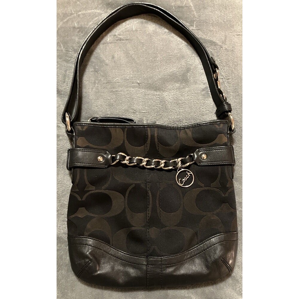 Coach Black Signature Logo Shoulder Bag Medium Zip Silver Hardware Chain Charm